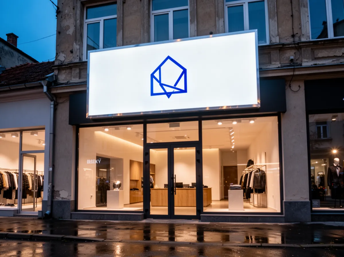 Ilustrație: casetă luminoasă cu față din plexiglas, montată deasupra unei vitrine, la lăsarea serii
