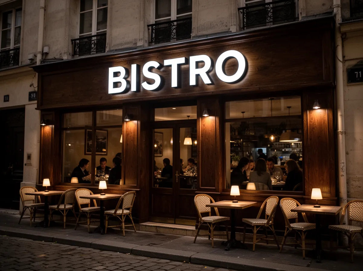 Ilustrație: firmă luminoasă cu litere volumetrice pe fațada unui restaurant, noaptea