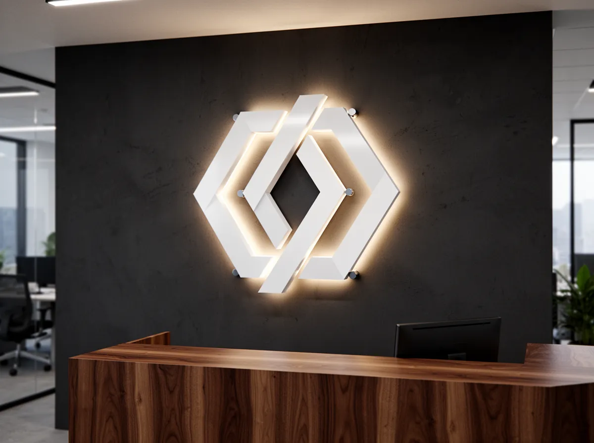 Ilustrație: logo 3D luminos pe peretele din spatele unei recepții