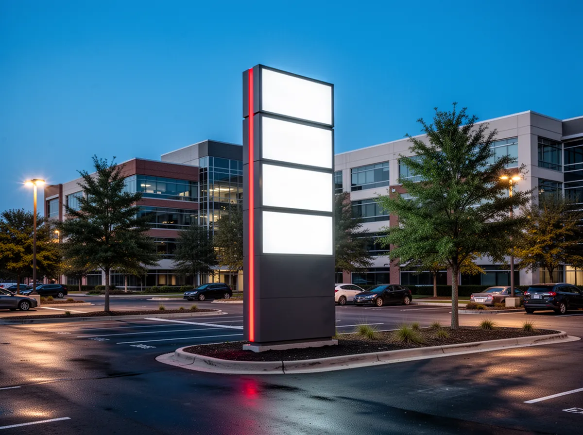 Ilustrație: totem luminos la intrarea într-o parcare comercială, seara
