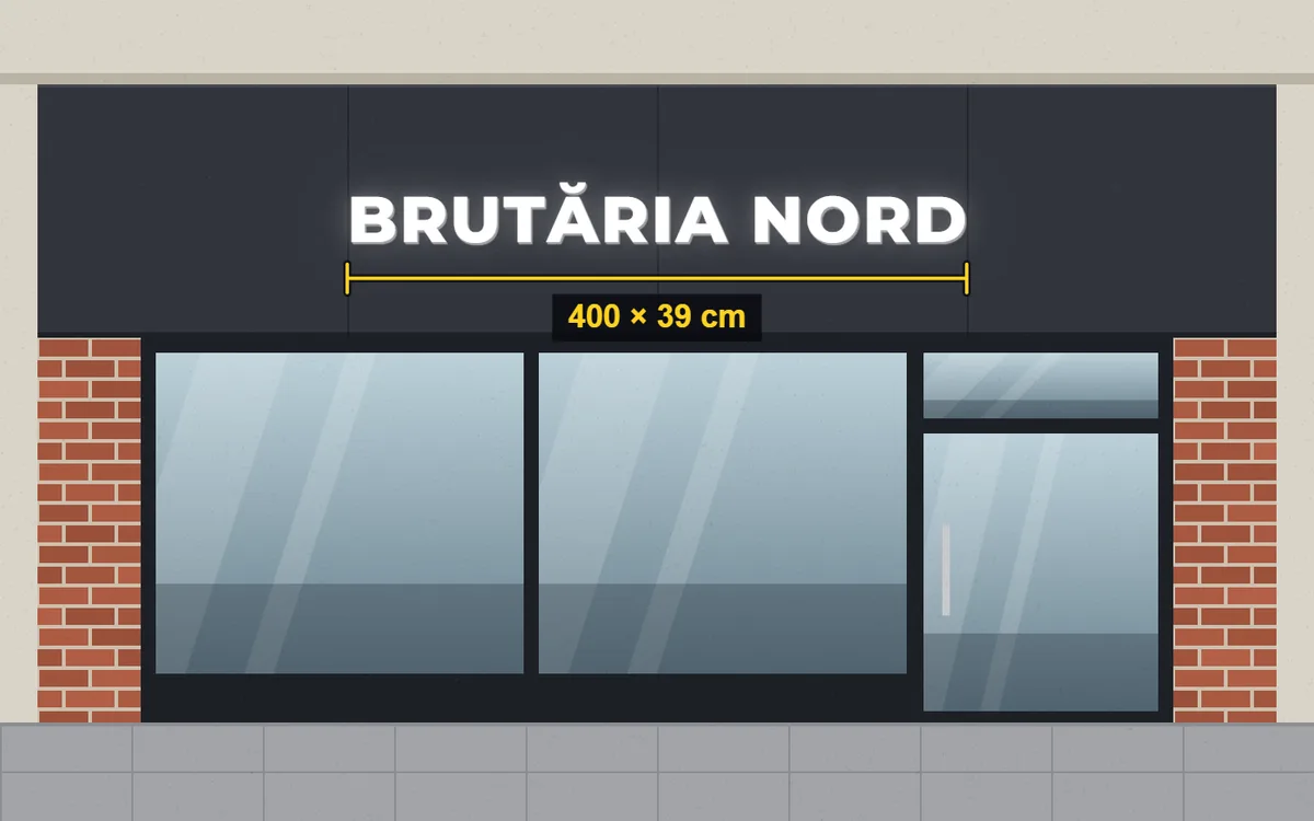 Simulare de firmă cu litere volumetrice pe o fațadă, ziua